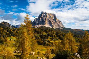 Il monte Pelmo in autunno con i tipici colori del foliage visto dal sentiero che porta al Rifugio...