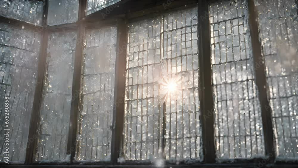 Poster window screen transformed into magical crystal palace snow intertwine create shimmering display.