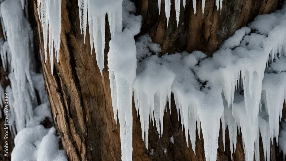 Poster frozen waterfall effect created layers forming rough bark tree trunk.