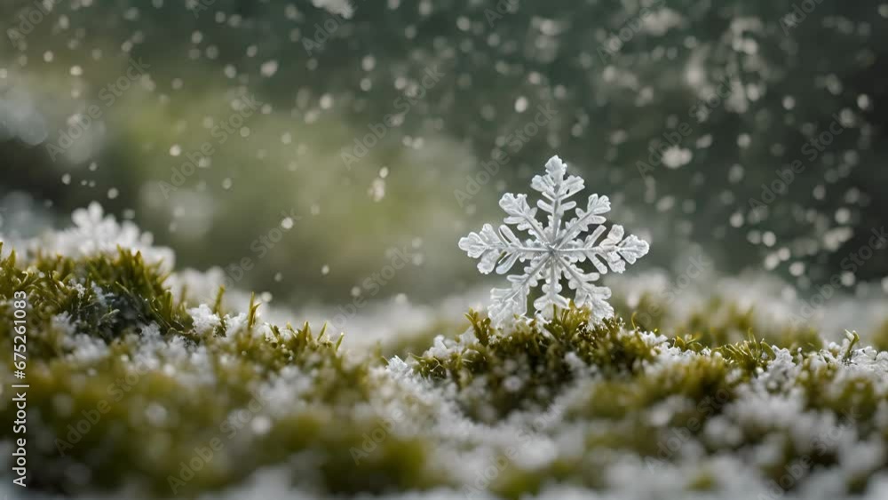 Poster slowmotion shot vibrant snowflakes landing patch moss, creating contrast between soft, fuzzy texture sharp, crystalline patterns.