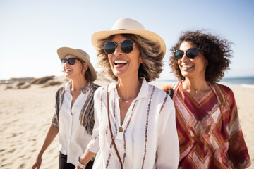 Portrait of three middle aged female friends walking on the sea shore laughing. Diverse mature women strolling along a beach on vacation