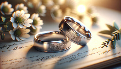 Close-up of engraved fingerprint wedding rings