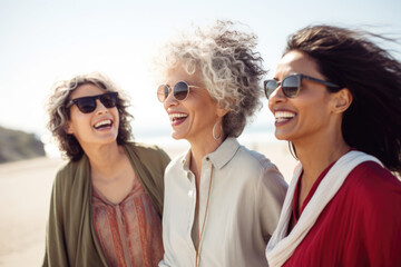 Portrait of three middle aged female friends walking on the sea shore laughing. Diverse mature women strolling along a beach on vacation