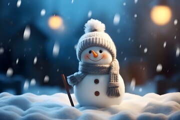 Obraz premium a small snowman standing in snowy scenery, in the style of luminous 3d objects