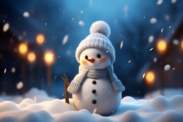 a small snowman standing in snowy scenery, in the style of luminous 3d objects