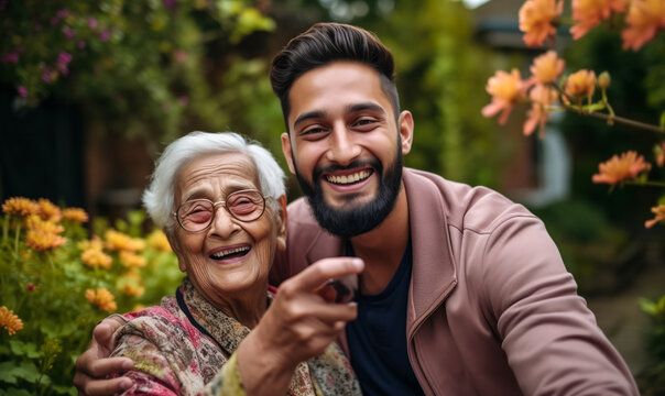 Picture-Perfect: Grandson and Grandmother's Joyful Selfie in a Pakistani Garden