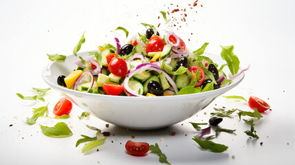 Fresh Greek salad ingredients dropped into bowl