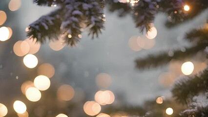 slow zoom Christmas tree covered sparkling lights, with snow lightly falling background. - Powered by Adobe