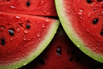 Macro texture of tasty red watermelon with drops of water for background. Generative AI
