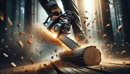 Chainsaw Cutting Wood with Precision
 - obrazy, fototapety, plakaty