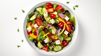 Fresh Greek salad ingredients dropped into bowl