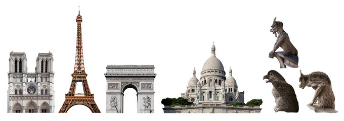 Set of landmarks and symbols of Paris, France isolated on transparent white. Eiffel Tower, Notre-Dame, Arc de Triomphe, Sacre Coeur and Gargoyles Chimera statues - obrazy, fototapety, plakaty