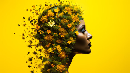 Ethereal Portrait of Woman Merged with Radiant Yellow Flowers - obrazy, fototapety, plakaty