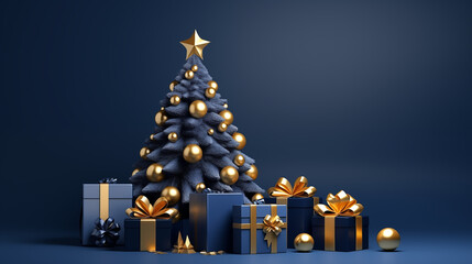 Elegant 3D illustration, christmas composition with christmas tree and gifts, navy blue and gold, copy space. AI generated