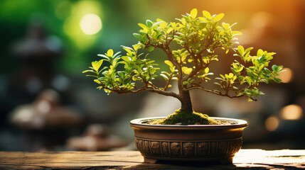Small bonsai tree in a dark pot on green natural background with sun shine. Generative AI - obrazy, fototapety, plakaty