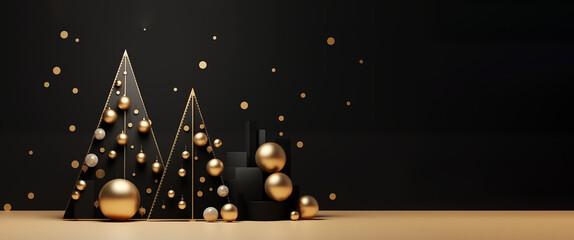 Minimal 3D christmas composition with christmas tree and gifts, black and gold, minimal, luxury, elegant. Panorama view,copy space. AI generated. - obrazy, fototapety, plakaty