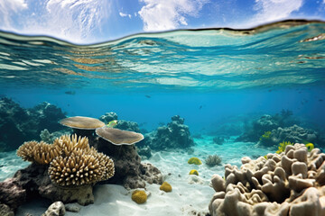 Fototapeta na wymiar Split underwater view of tropical sea bottom and sky background