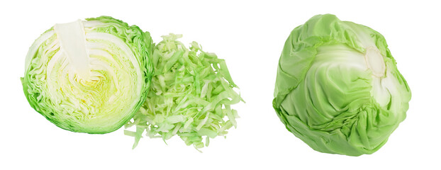 Green cabbage half isolated on white background with full depth of field. Top view. Flat lay. - obrazy, fototapety, plakaty