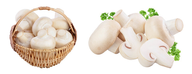 Fresh mushroom champignon in a wicker basket isolated on white background