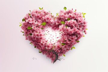 A heart of flowers on white background. Greeting card for Valentine's day or wedding. Symbol of love.
