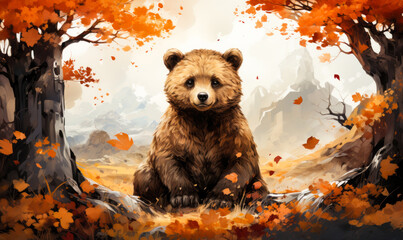 Whimsical Art of Cute Bear in Autumn Setting, Perfect for Children's Books - obrazy, fototapety, plakaty