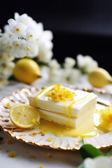Fototapeta na wymiar Luxury, fine white chocolate with lemon on a plate close up