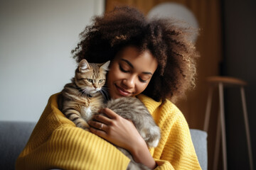 Portrait of cute young African American woman holding her adorable fluffy cat at home