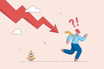 Investing risk or depression concept. Business failure, crisis or crash. Failed businessman run away from falling down arrow chart. Economic recession or investment loss or stock market falling down.