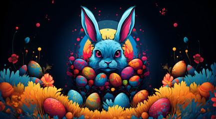 Obraz na płótnie Canvas A mystical blue evil Easter bunny guarding a colourful array of enchanted eggs amidst a magical floral night scene.