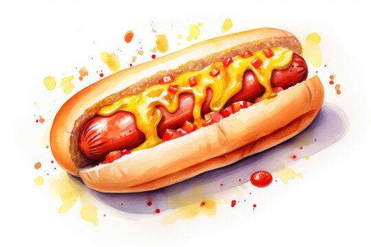 tasty watercolor hot dog on white background.