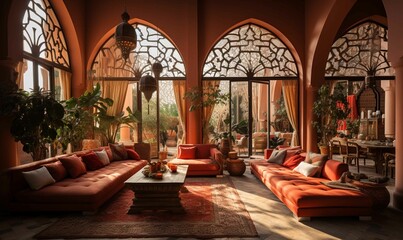 Luxurious Moroccan style home with large windows and modern décor - obrazy, fototapety, plakaty
