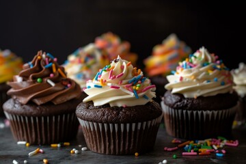 a pile of chocolate cupcakes with a whipped topping swirl and colorful sprinkles. Generative AI
