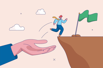 Helping hand or support concept. Assistance or advice to reach next level, help achieve success. Big hand help businessman to jump up the cliff reach success. Flat business vector illustration.