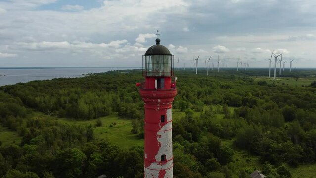 beautiful aerial view of old lighthouse and windmill farm in Paldiski, Estonia