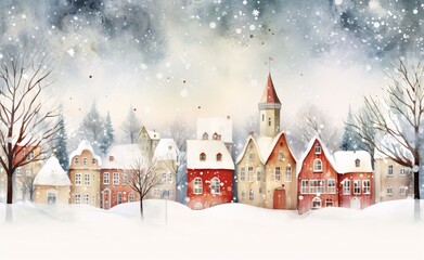 watercolor background with houses in traditional folk style with snowflakes and trees, whimsical cityscapes, danish design, charming character illustrations
