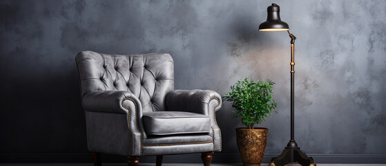 Stylish gray armchair near textured.