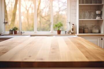 Empty wooden table in kitchen, blurred background with window. Generative AI - obrazy, fototapety, plakaty
