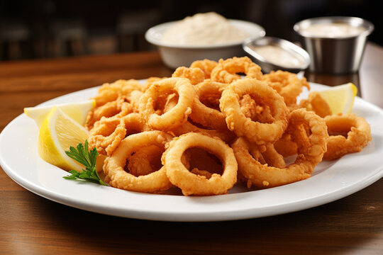 Calamares fritos. Anillas de calamar fritas en plato en un restaurante.