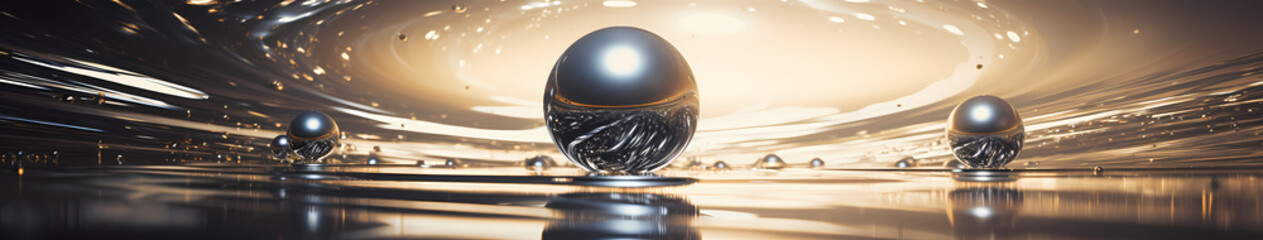 Obraz premium A liquid metal orb suspended in mid-air, its surface reflecting a distorted world around it