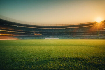 The lawn at the football stadium. Football stadium with sunset. Grass close-up in the sports arena - background