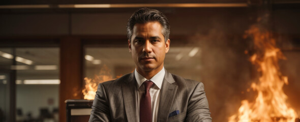 A businessman in front of a fire in an office. Corporate greed, financial collapse, destruction and excess 