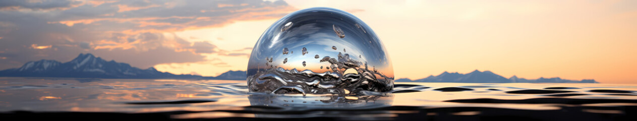 A liquid metal orb suspended in mid-air, its surface reflecting a distorted world around it - obrazy, fototapety, plakaty