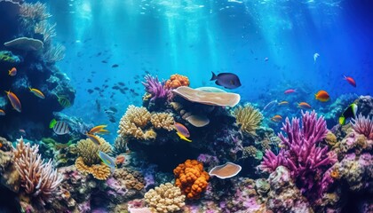 Obraz premium Vibrant Coral Reef Life, Tropical Underwater Fishes in an Aquarium Oceanarium Panorama for Snorkel and Diving Enthusiasts