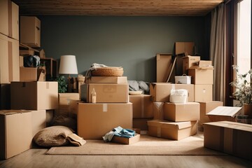 Fototapeta premium Move concept. Cardboard boxes and cleaning things for moving into a new home. Cardboard boxe background.