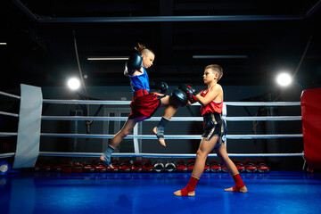 Two boys, kids, kickboxers, professional martial arts sportsmen performing kicks, training on ring at gym.