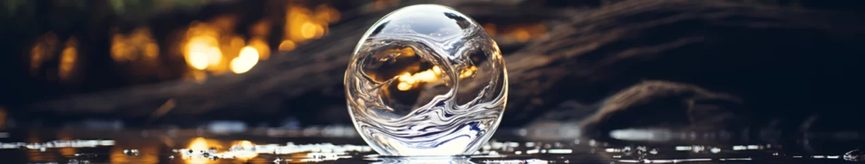 Fotobehang A liquid metal orb suspended in mid-air, its surface reflecting a distorted world around it © Manuel
