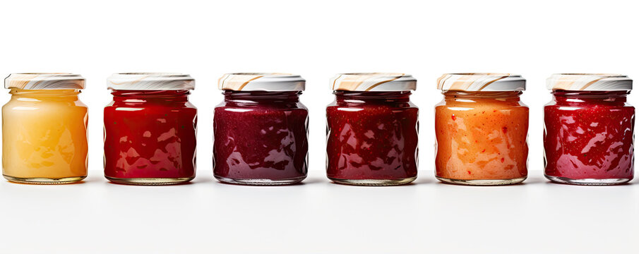 Set of assorted jams in glass bottles on white background. Sweet jams in row.