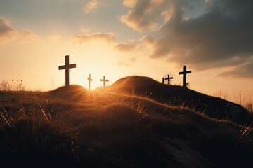 Three crosses on hill at sunset. Death and resurrection of Jesus Christ. Easter concept. Generative AI - obrazy, fototapety, plakaty