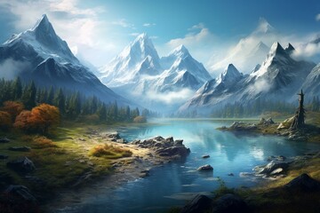 Scenic lake amidst tranquil morning mountains. Generative AI