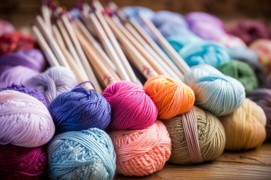 an image with knitting needles, crochet hooks, and pastel yarns. Generative AI